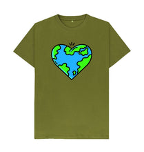 Load image into Gallery viewer, Moss Green Planet Love - Men&#39;s Eco T-Shirt Slow Fashion Organic Cotton Circular Economy Renewable Energy Produced Environmentally Friendly
