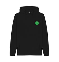 Load image into Gallery viewer, Black Greentrak Hoodie Mens Relaxed Fit Hooded Sweatshirt Top Sustainable Fashion GM Free Sustainability Clothing Circular Economy Organic Cotton Hoodie
