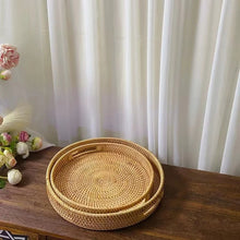 Load image into Gallery viewer, Handwoven Rattan Storage Tray Basket With Wooden Handle Bread Basket Tray Fruit Tea Wicker Tray Coffee Table Decorative Tray
