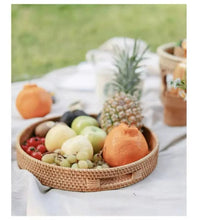 Load image into Gallery viewer, Handwoven Rattan Storage Tray Basket With Wooden Handle Bread Basket Tray Fruit Tea Wicker Tray Coffee Table Decorative Tray
