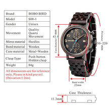 Load image into Gallery viewer, Luxury Chronograph C-S08 with Stop Watch reloj hombre BOBO BIRD Men&#39;s Watch Handmade Wooden Watches Wood Metal Eco Environmental
