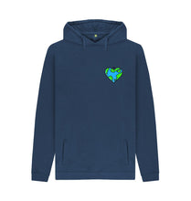 Load image into Gallery viewer, Navy Planet Love - Men&#39;s Eco Hoodie Slow Fashion Organic Cotton Circular Economy Renewable Energy Produced Environmentally Friendly
