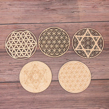 Load image into Gallery viewer, Eco Friendly Place Mats and Wall Decor Sustainably Certified Mandala Designs Chakra Pattern Round Edge Circles Carved Wooden Stand Coaster Flower of Life Kitchen Pad Mat Decor Sustainable Planet
