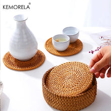 Load image into Gallery viewer, Handwoven Place Mats With Storage Box Rattan Placemat Heat Resistant Mat Natural Hot Insulation Anti-Skidding Pad Round Natural Rattan Coasters Bowl Pad Handmade Padding Cup Mat Insulation Placemats Kitchen Decoration Accessories
