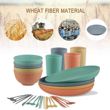 Load image into Gallery viewer, Wheat Straw Eco Portable Beach Travel Home and Camping Family Lunch Tableware Bowls Plates Cutlery Dishes Cups Bag Dining Set Dinnerware
