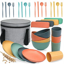 Load image into Gallery viewer, Wheat Straw Eco Portable Beach Travel Home and Camping Family Lunch Tableware Bowls Plates Cutlery Dishes Cups Bag Dining Set Dinnerware
