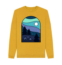 Load image into Gallery viewer, Sunflower Yellow Wild Camping at Night Mens Remill Sweater Top Sustainable Fashion GM Free Sustainability Clothing Circular Economy Organic Cotton Sweater
