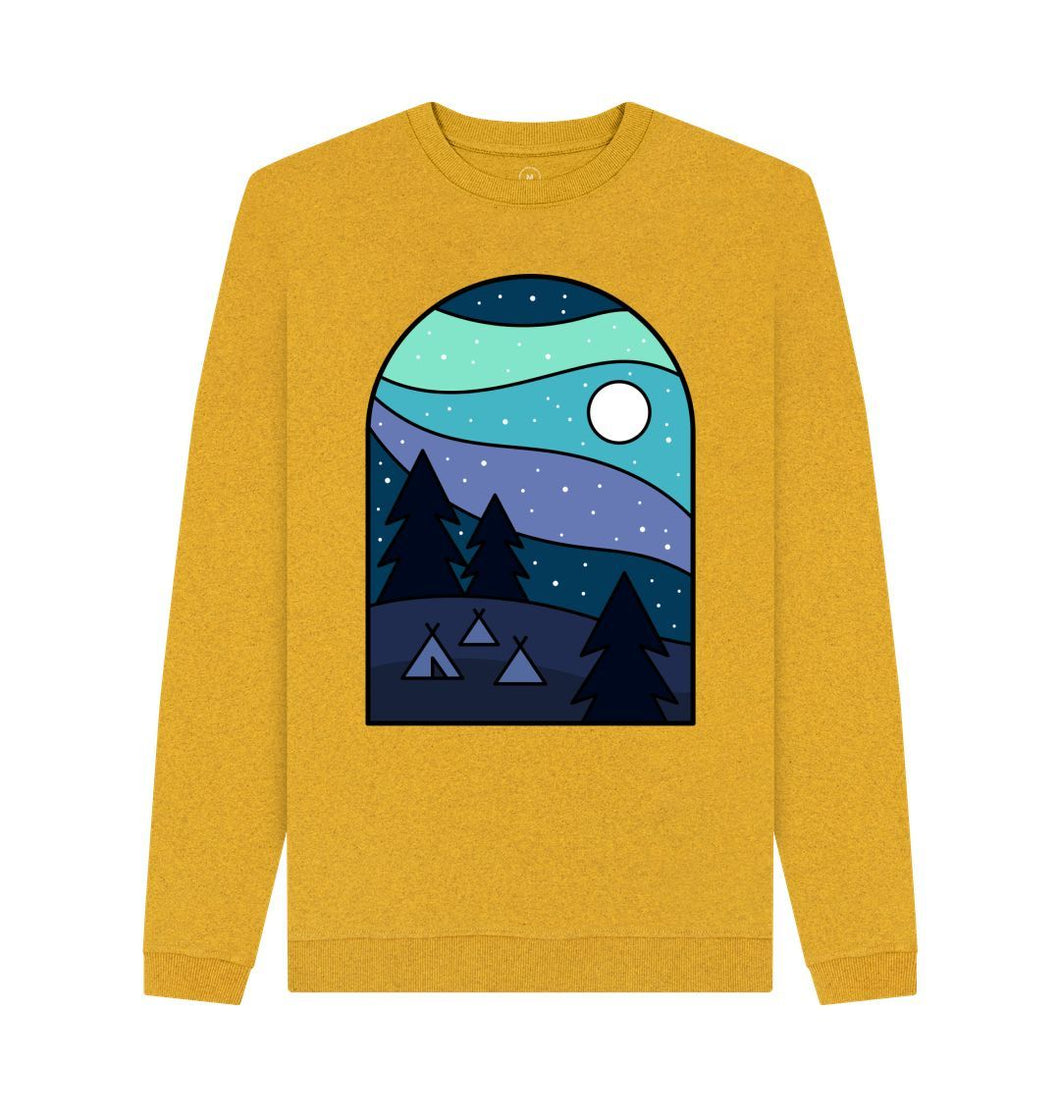 Sunflower Yellow Wild Camping at Night Mens Remill Sweater Top Sustainable Fashion GM Free Sustainability Clothing Circular Economy Organic Cotton Sweater