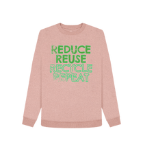 Load image into Gallery viewer, Sunset Pink REDUCE REUSE RECYCLE REPEAT Women&#39;s Remill\u00ae Sweater 50% Post-Consumer Organic Cotton \/ 50% Organic Cotton Slow Fashion Organic Cotton Circular Economy Renewable Energy Produced Environmentally Friendly
