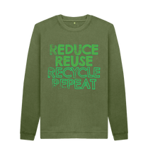 Load image into Gallery viewer, Khaki REDUCE REUSE RECYCLE REPEAT Men&#39;s Organic Cotton Crew Neck Sweater Slow Fashion Organic Cotton Circular Economy Renewable Energy Produced Environmentally Friendly
