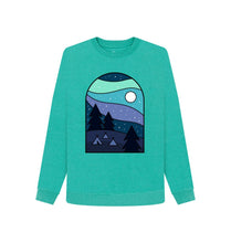 Load image into Gallery viewer, Seagrass Green Wild Camping at Night Womens Sweatshirt Top Sustainable Fashion GM Free Sustainability Clothing Circular Economy Organic Cotton Sweater
