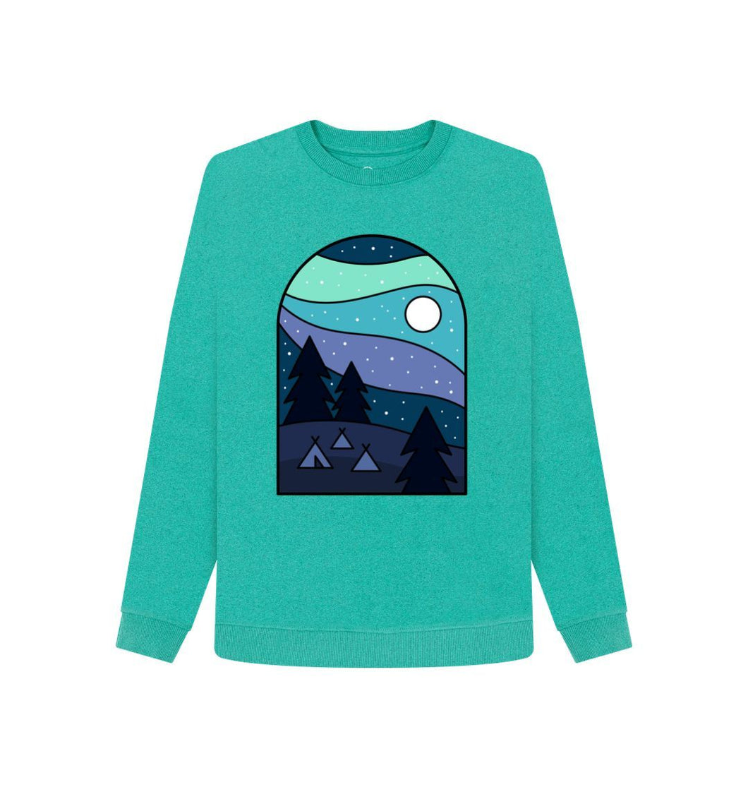 Seagrass Green Wild Camping at Night Womens Sweatshirt Top Sustainable Fashion GM Free Sustainability Clothing Circular Economy Organic Cotton Sweater