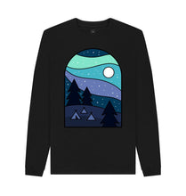 Load image into Gallery viewer, Black Wild Camping at Night Mens Remill Sweater Top Sustainable Fashion GM Free Sustainability Clothing Circular Economy Organic Cotton Sweater
