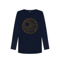 Load image into Gallery viewer, Navy Blue Power of the Sun Womens Organic Cotton Long Sleeve Top Slow Fashion Organic Cotton Circular Economy Renewable Energy Produced Environmentally Friendly

